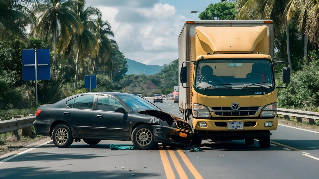 accidente de carretera involucrando coche negro camión amarillo. ¿Cómo prueba la negligencia un abogado de accidentes de camiones de Florida en la corte?