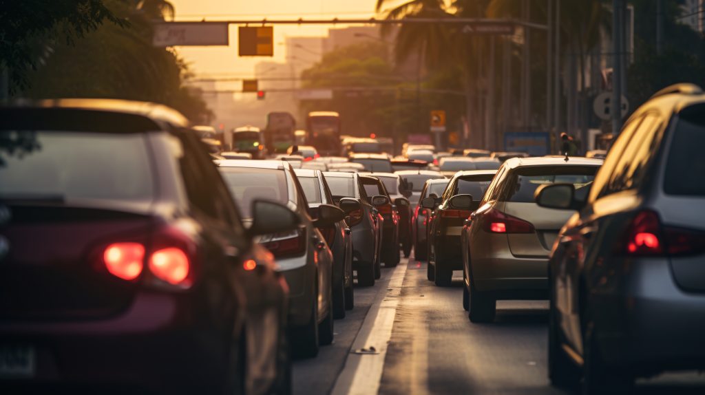 Tráfico intenso en Miami, Florida, que ilustra el riesgo de colas y accidentes de tráfico en la zona.