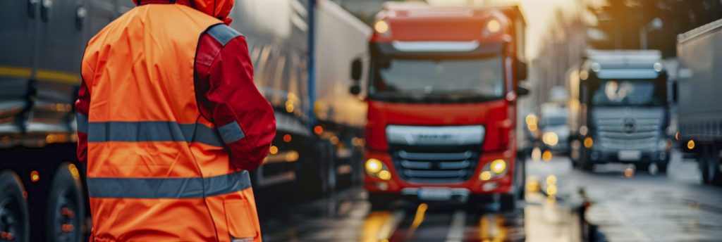 Una persona con un chaleco de seguridad naranja de alta visibilidad se encuentra cerca de una carretera con varios camiones grandes, lo que sugiere un ajetreado entorno de transporte o logística al amanecer o al atardecer. La escena pone de relieve la necesidad de seguridad en este tipo de entornos, lo que podría ser relevante para un abogado de accidentes de camión en Fort Lauderdale.
