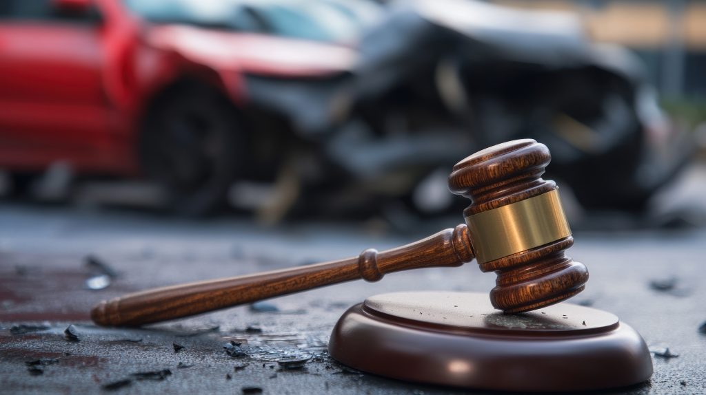 El mazo de un juez reposando sobre una mesa con un fondo borroso de un automóvil rojo involucrado en un accidente, simbolizando acción legal y justicia después de un Abogado de Accidentes Automovilísticos de Decatur.