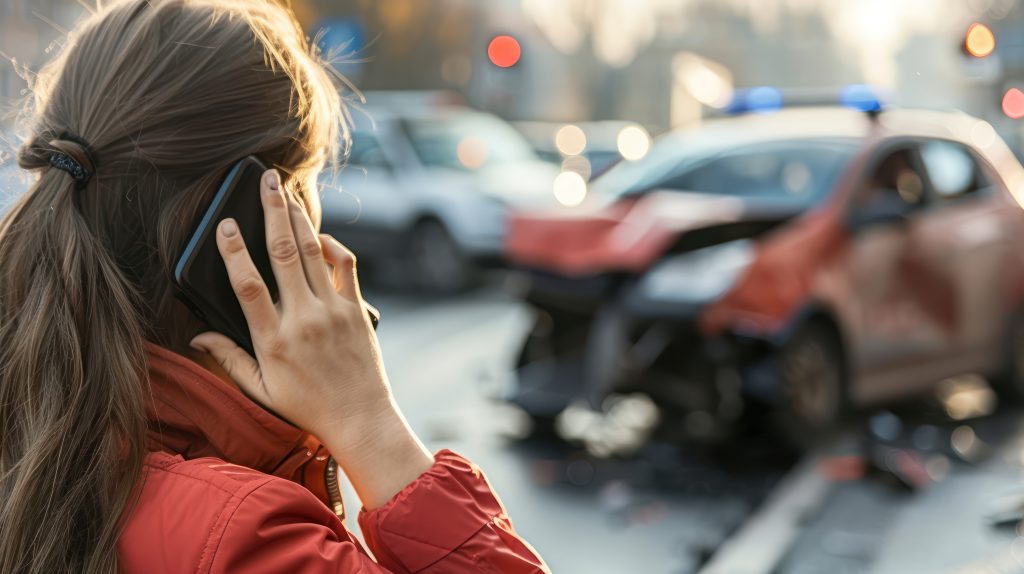 Una mujer al teléfono con la policía después de un accidente automovilístico, destacando los cruciales "Pasos a seguir después de un accidente automovilístico en Decatur". Confíe en Big Time Law, el mejor abogado de accidentes automovilísticos en Decatur GA, para guiarlo a través del proceso y proteger sus derechos.
